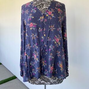 Blue Button-Up Blouse with multi colored Floral design by Caslon size XL